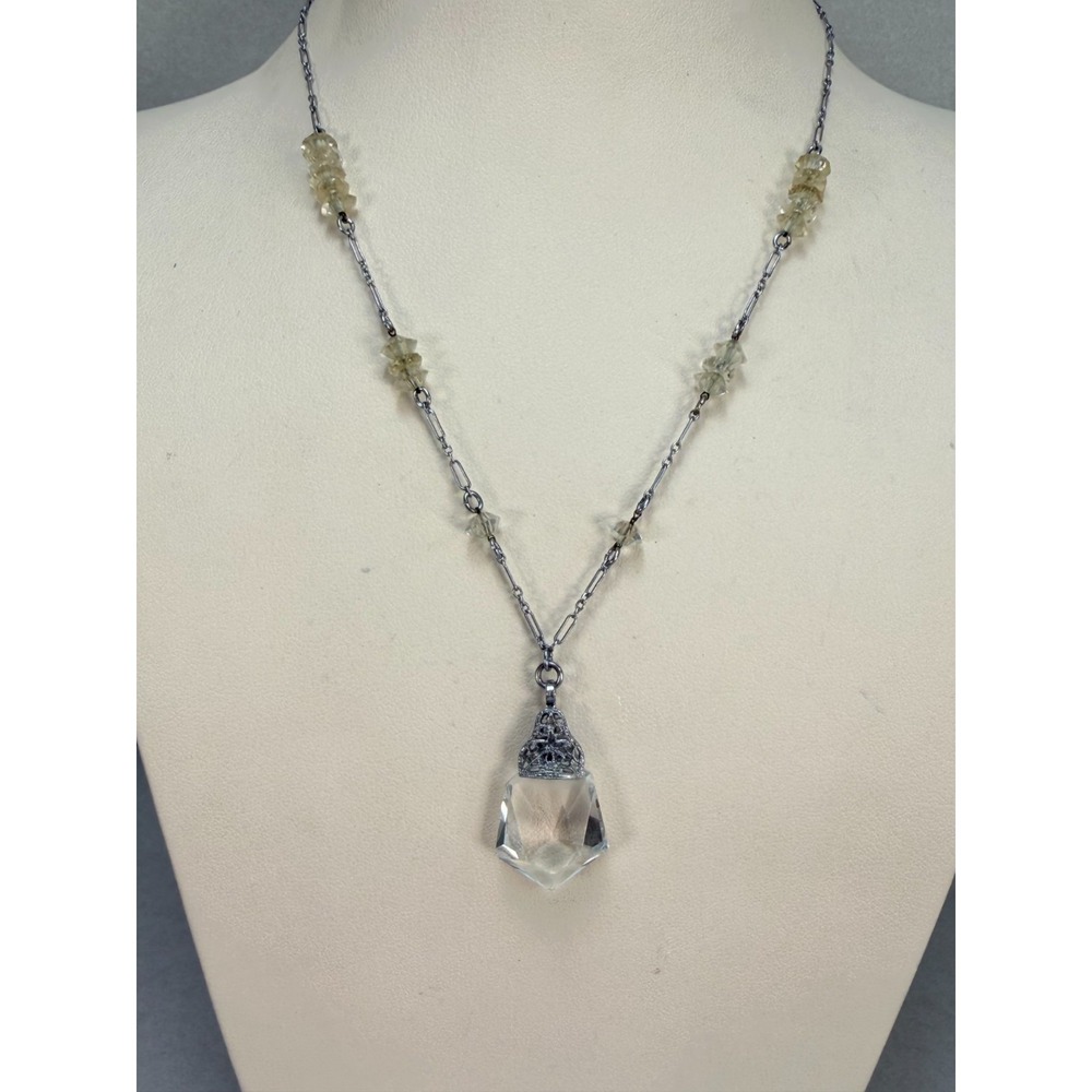 Art Deco Crystal Pendant Necklace Silver Tone Filigree Rock Crystal Statement